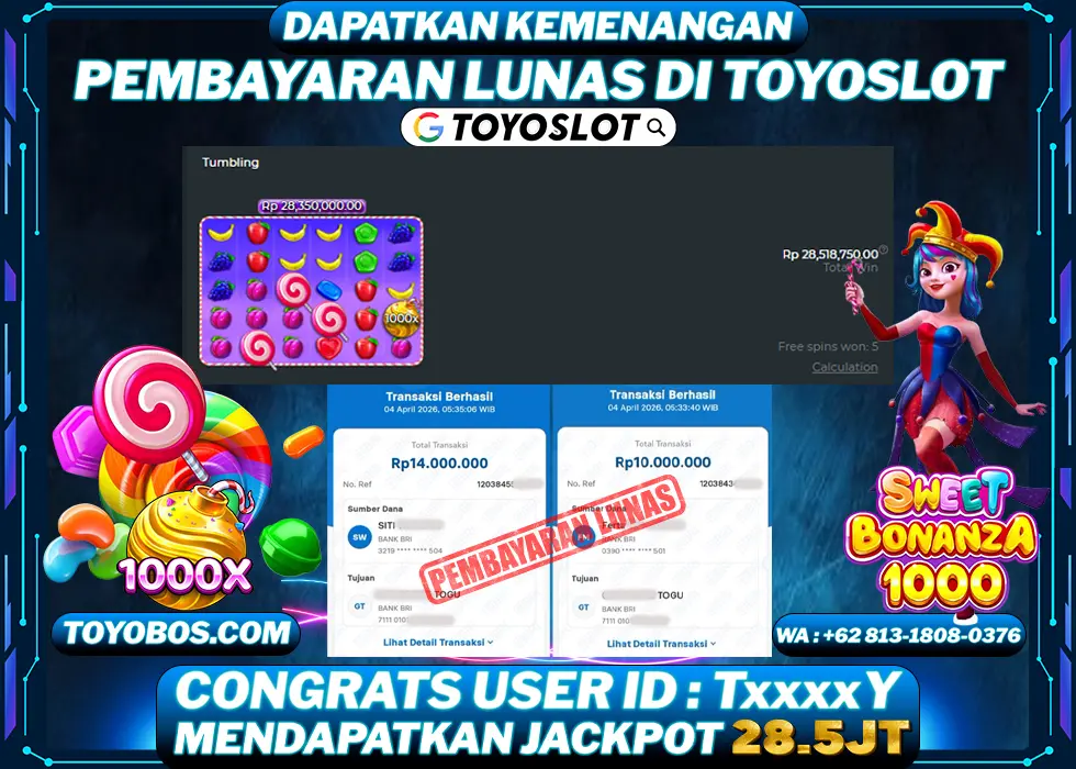 TOYOSLOT - BUKTI KEMENANGAN JACKPOT Sweet Bonanza 1000 Rp28,500,000,- LUNAS